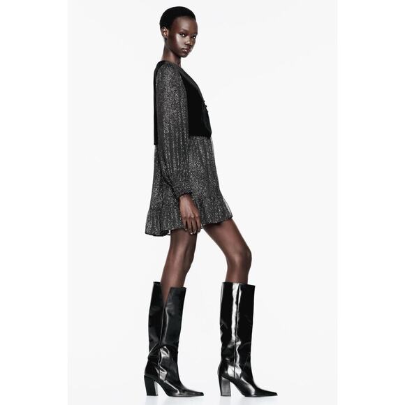 NWT Zara Velvet Vest Printed Pleated Single Breasted Mini Dress‎ Size Large - Picture 2 of 11